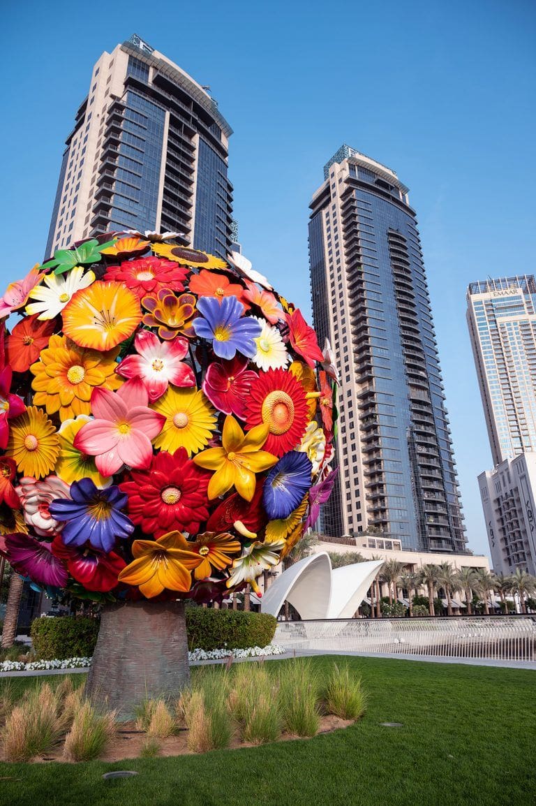 skyline with colorful structures, promenade, hotels and residences captured at the Dubai creek harbour, Ras al khor