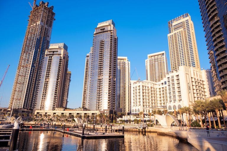 skyline with embankment promenade ,hotels, shops and residences captured in the evening time