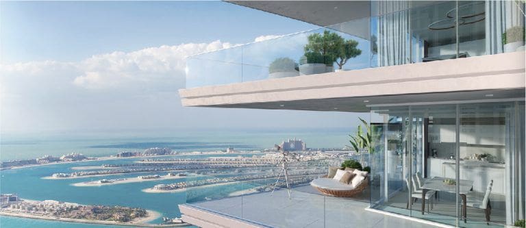 view of building exterior closeup and palm jumeirah in the distance