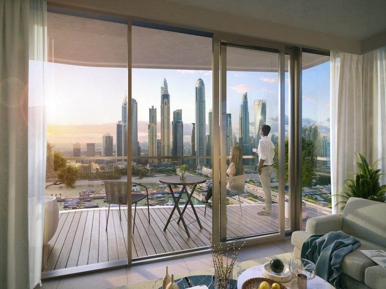view of dubai marina buildings from balcony of a living room