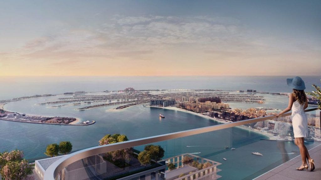 view of the palm jumeirah from a balcony in an apartment
