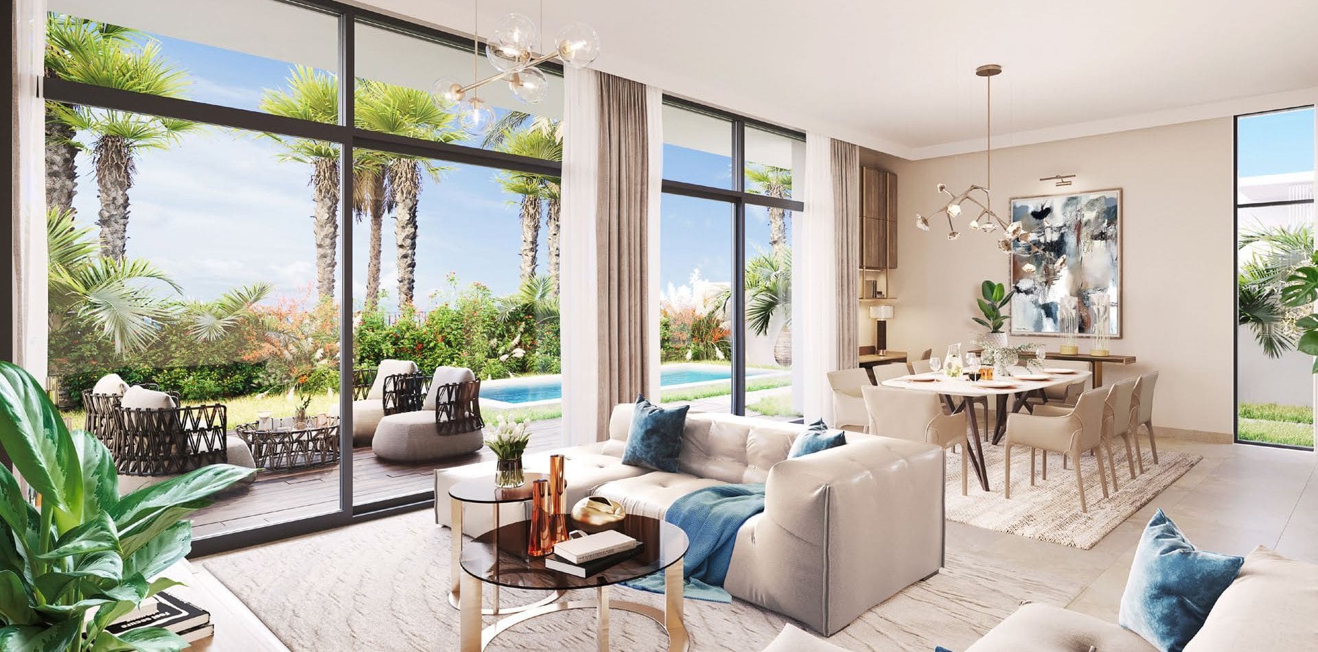 tilal al furjan villa living room interior with view of private pool