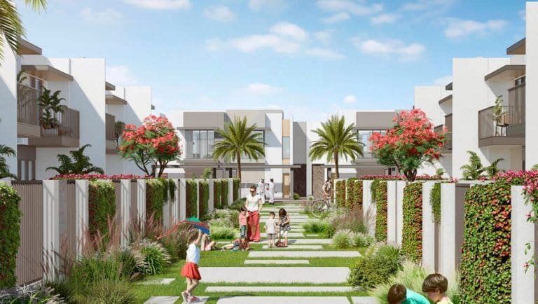 the valley by emaar walkways between townhouses and villas
