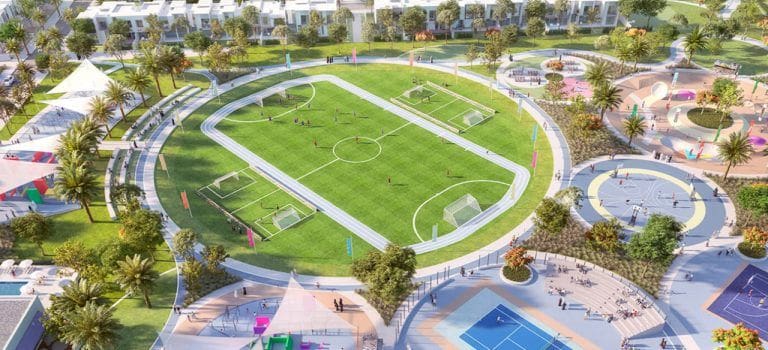 the valley by emaar football court aerial view surrounded by other courts