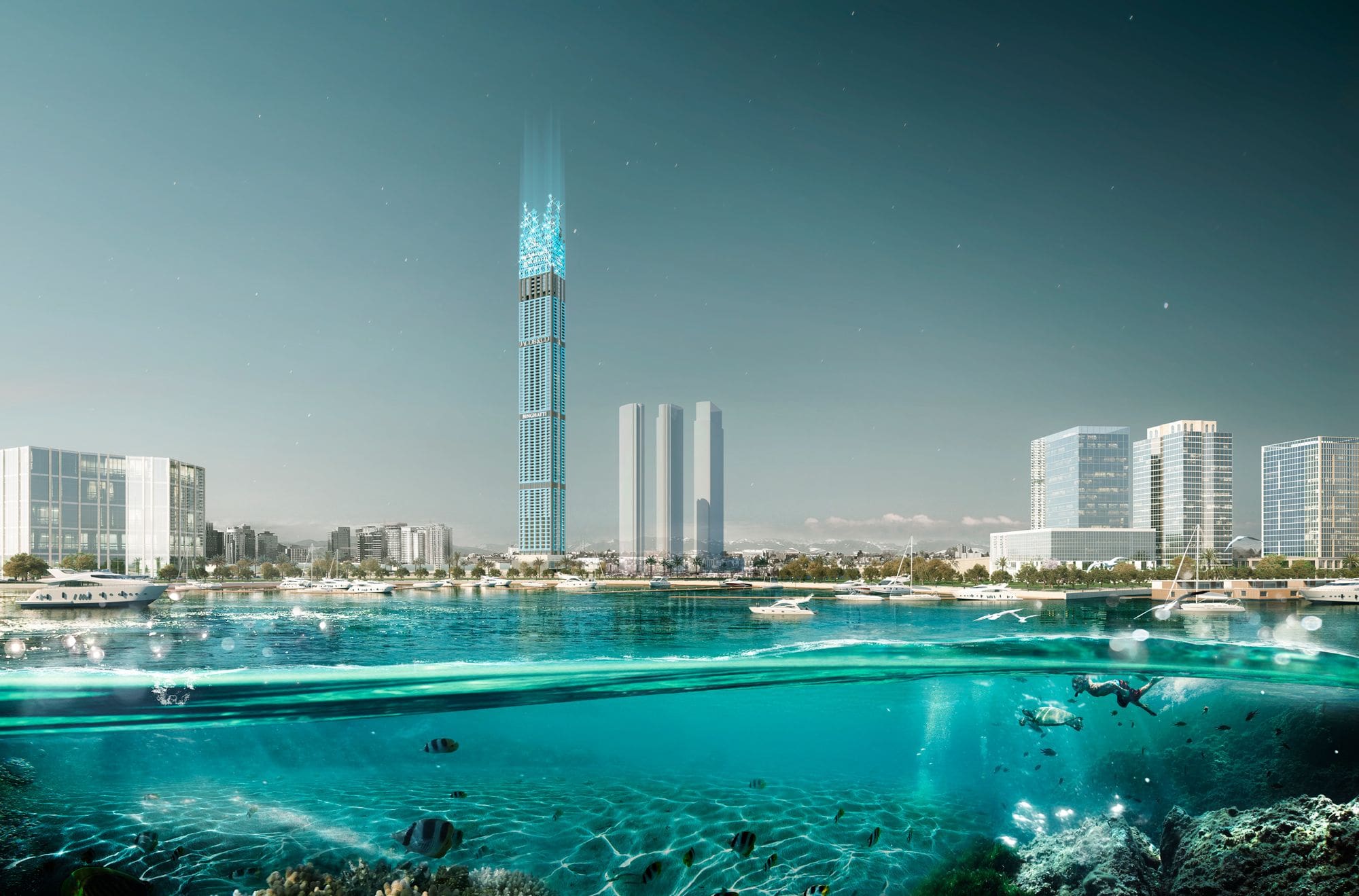 view of burj binghatti from the sea from far away at dusk