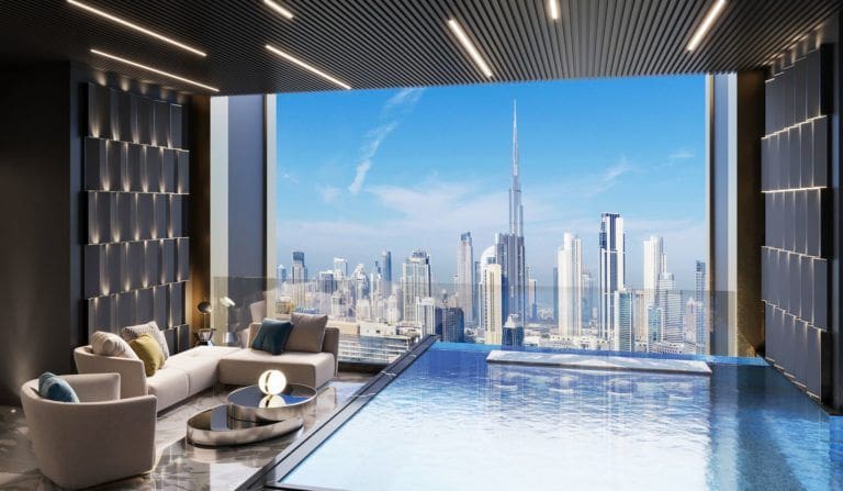 burj binghatti private infinity pool with view of burj khalifa