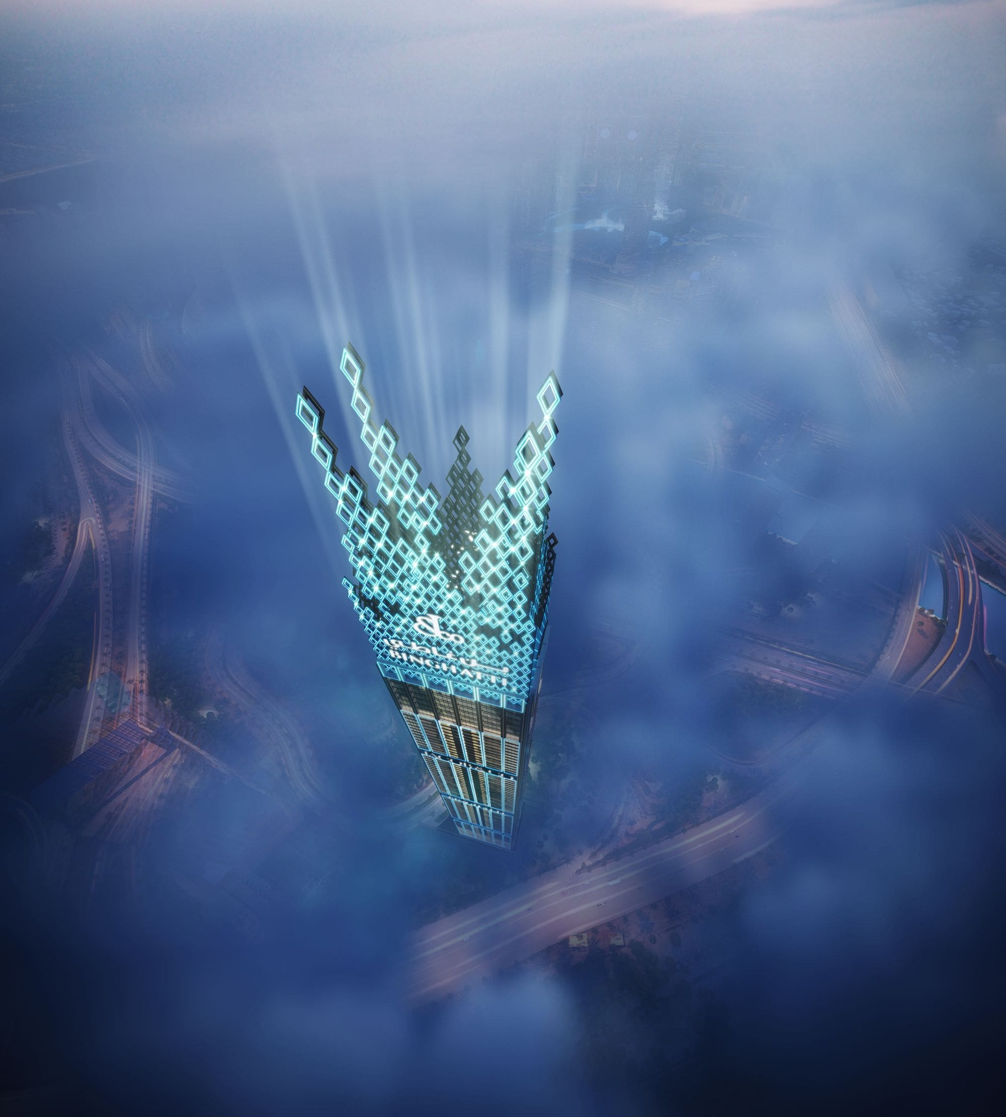 burj binghatti view of top of the building surrounded by fog