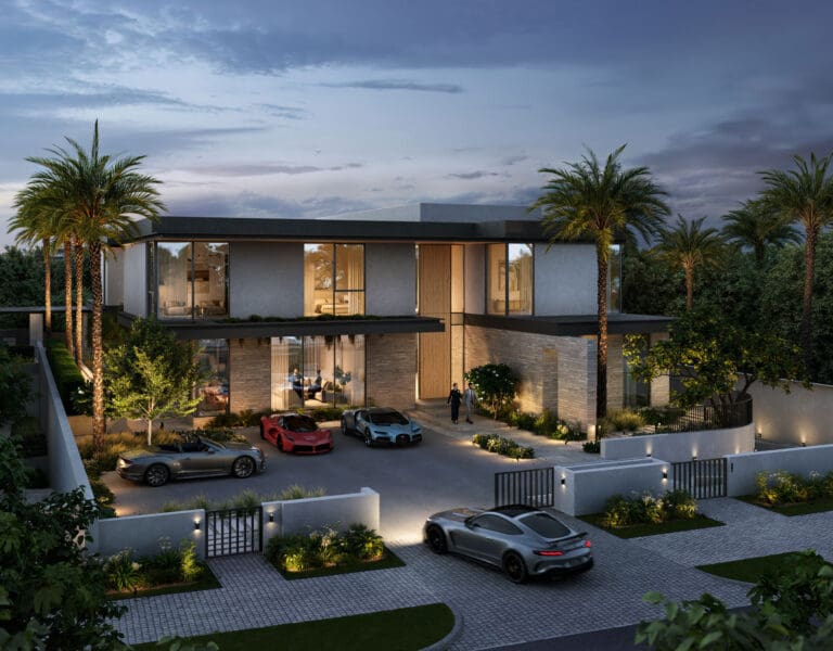luxury mansion with luxury cars parked in lavita by emaar at the oasis