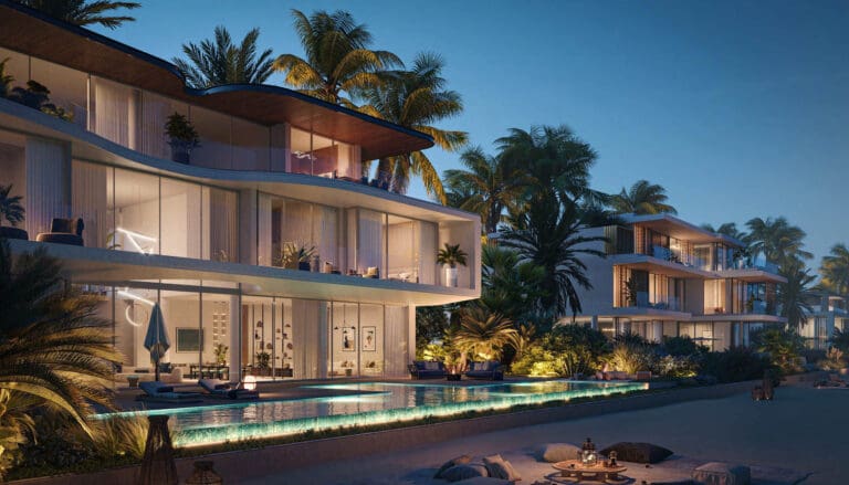 palm jebel ali villa with private pool at night