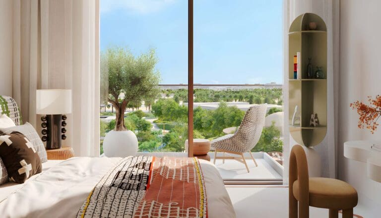 bedroom interior with view from hillsedge by emaar brochure