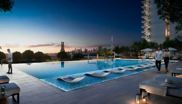 infinity pool with view of burj khalifa at hillsedge in dubai hills estate