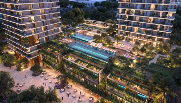 orise by beyond aerial view of pools and retail areas