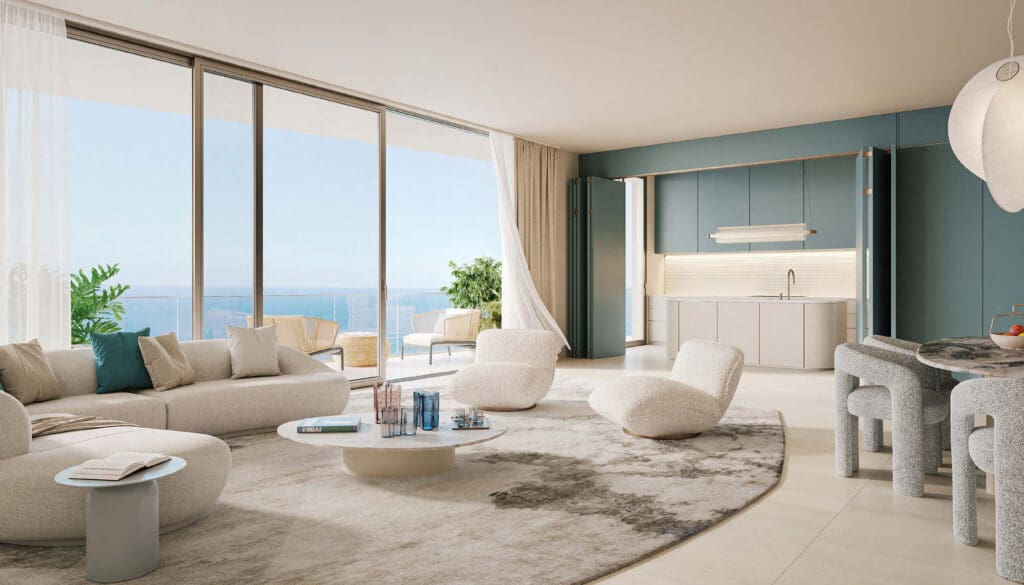 orise by beyond living room with balcony and kitchen example interior