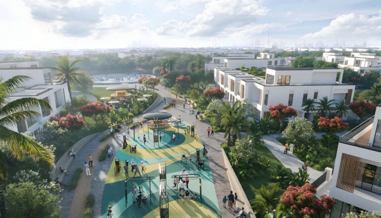 play area surrounded by townhouses