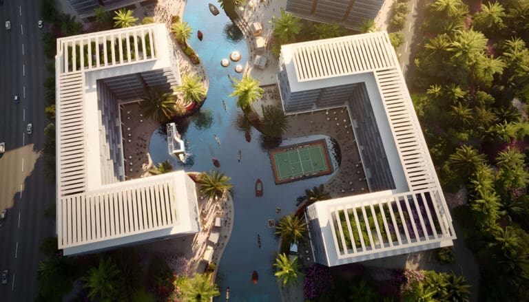 aerial riverside views buildings with tennis court and river