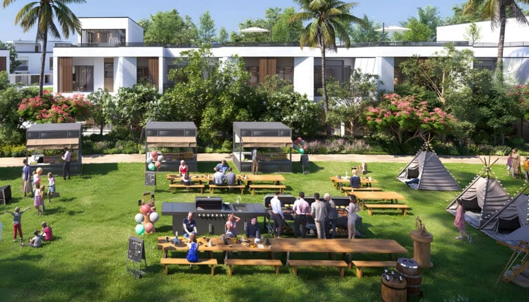 public bbq area with picnic tables