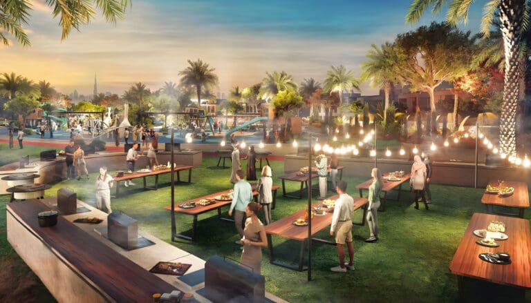 community bbq area with play area in the background