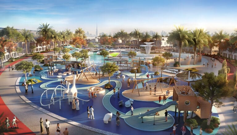 large play area adjacent to fountains and pool