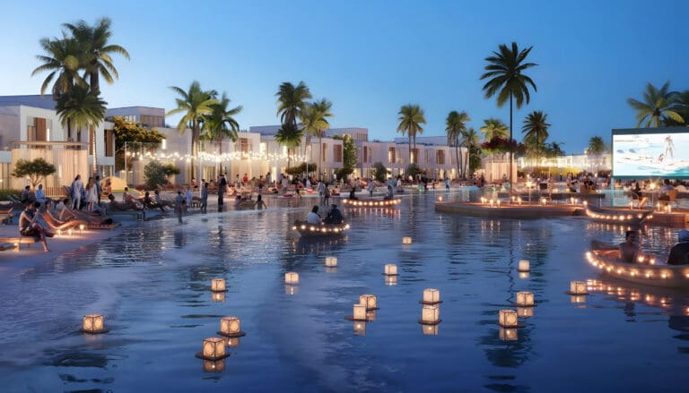 renderings of boats in the river with people all around surrounded by damac riverside townhouses