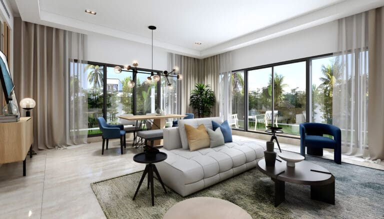 living room interior showing outdoor areas from windows