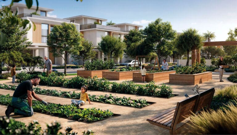 community farming and gardens at the farm grove at the valley by emaar