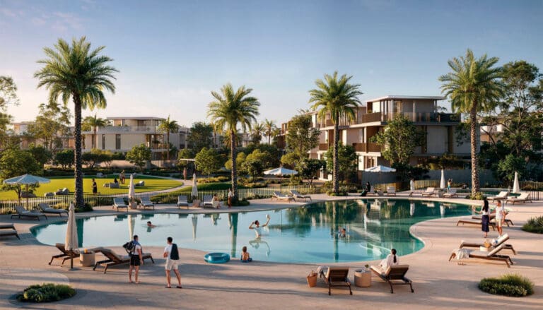 community pool surrounded by villas at farm grove at the valley by emaar