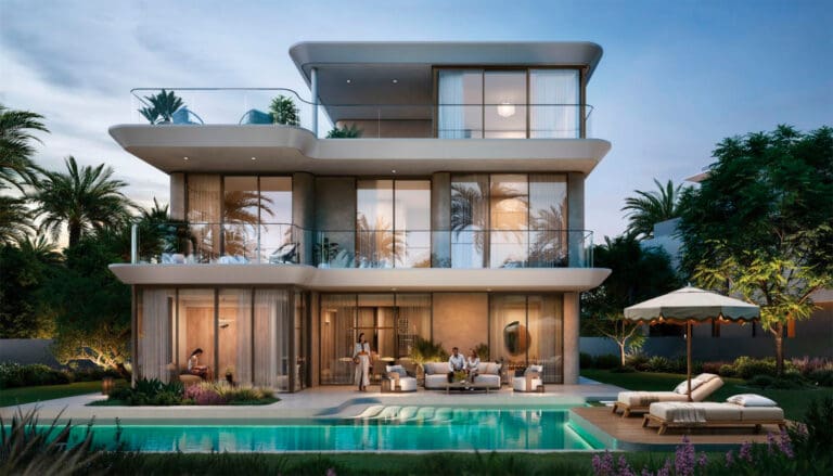 farm grove 5 bedroom villa exterior view from backyard with pool