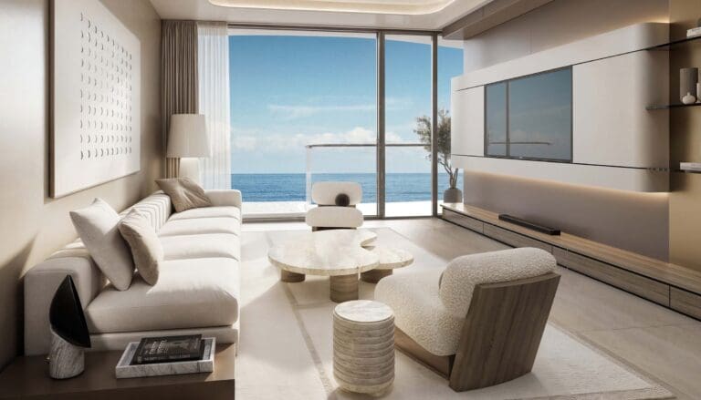 esme beach residences living room with beach view interior rendering