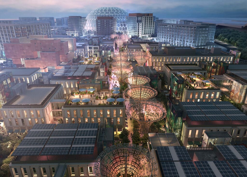 Render of Signature Collection Al Waha in Expo City Dubai, showcasing low-rise buildings with modern design and panoramic balconies surrounded by green spaces