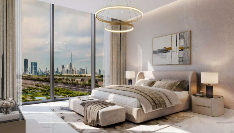 the element at sobha one bedroom interior example with view of burj khalifa