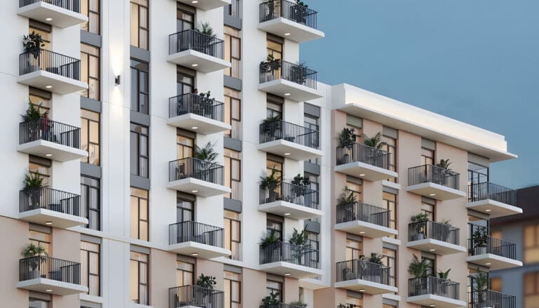 ellison in town square exterior close-up of building with balconies