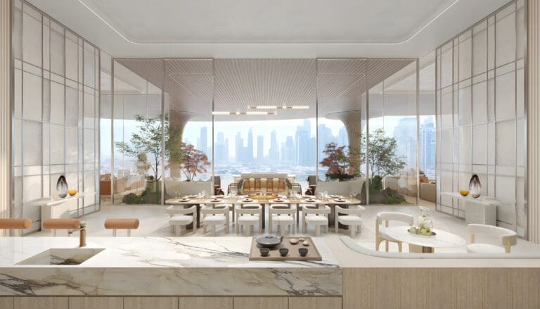 one casa luxury interior view of dining room and dubai skyscape from kitchen