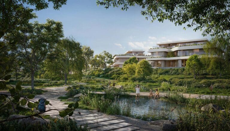 lakes and walkways between lush greenery in the wilds by aldar