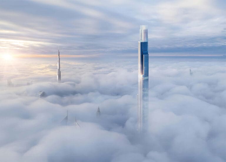 burj azizi tower in dubai above the clouds