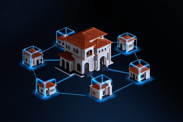 A building or villa being broken into multiple floating digital tokens, symbolizing fractional ownership. A blockchain-style network connects the tokens, showing how they can be bought, sold, or traded