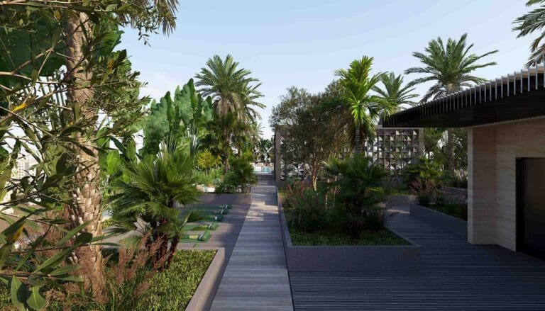 outdoor walking areas at olaia residences