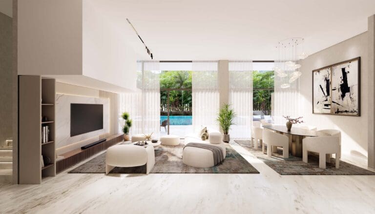 luxury living room with marble floors and adjacent dining area