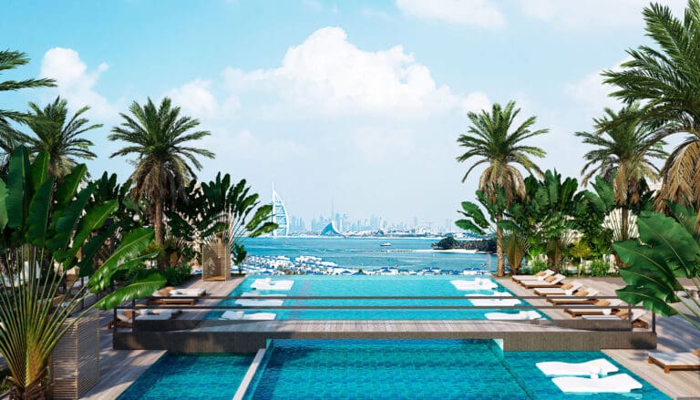 infinite pool overlooking the sea and palm jumeirah fronds
