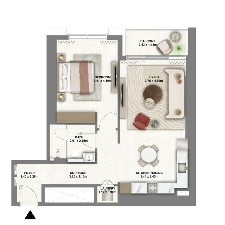 1 bedroom apartment floor plan in Montiva by Vida