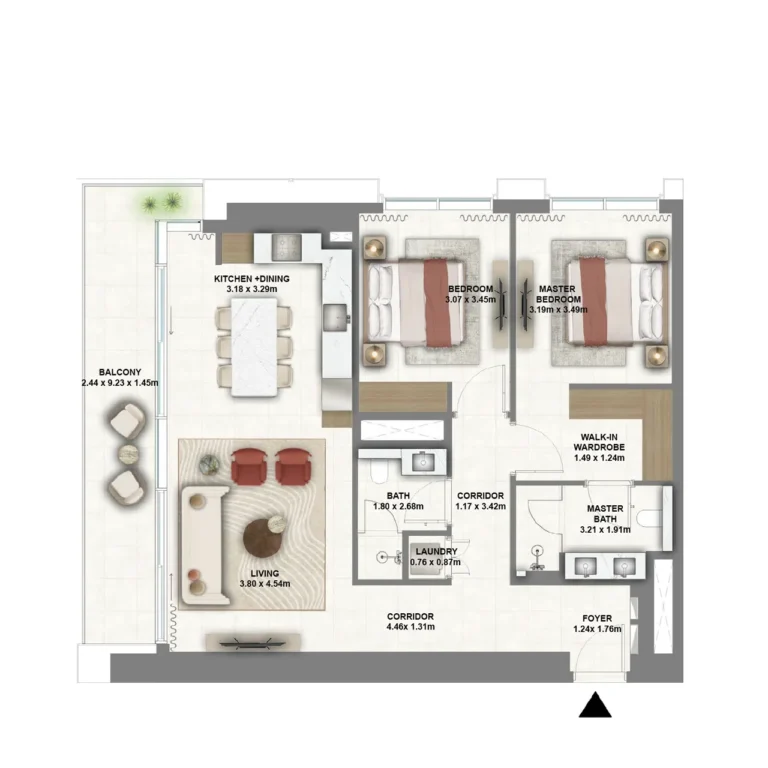2 bedroom apartment floor plan in Montiva by Vida