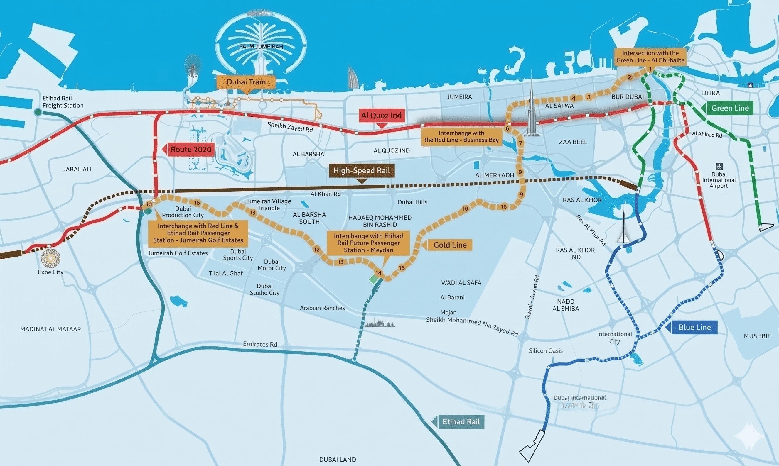 Dubai Metro Gold Line route map showing the 42 km underground line from Al Ghubaiba to Jumeirah Golf Estates with all 13 stations and interchange points