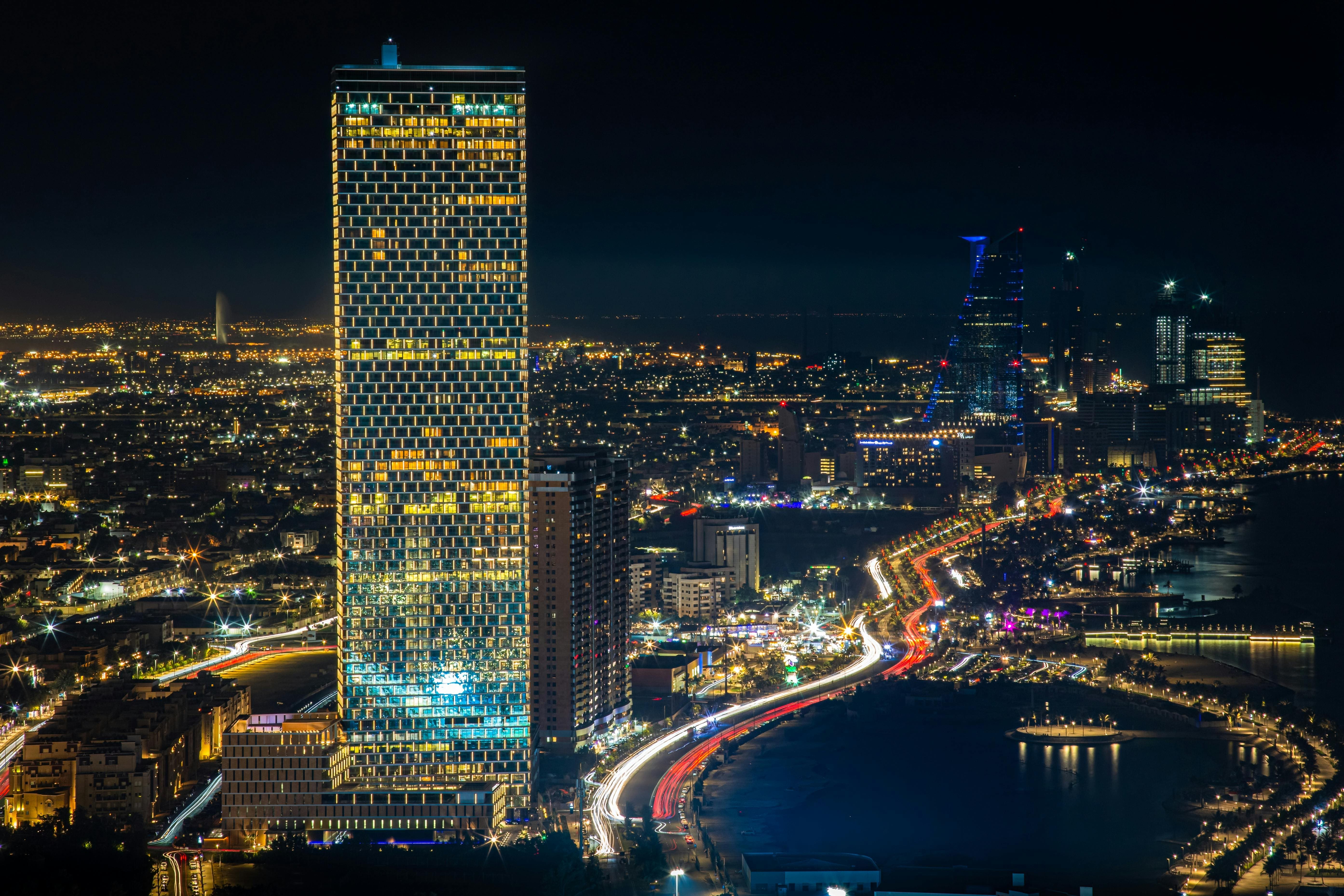 Jeddah aerial night view — Saudi Arabia Red Sea city skyline