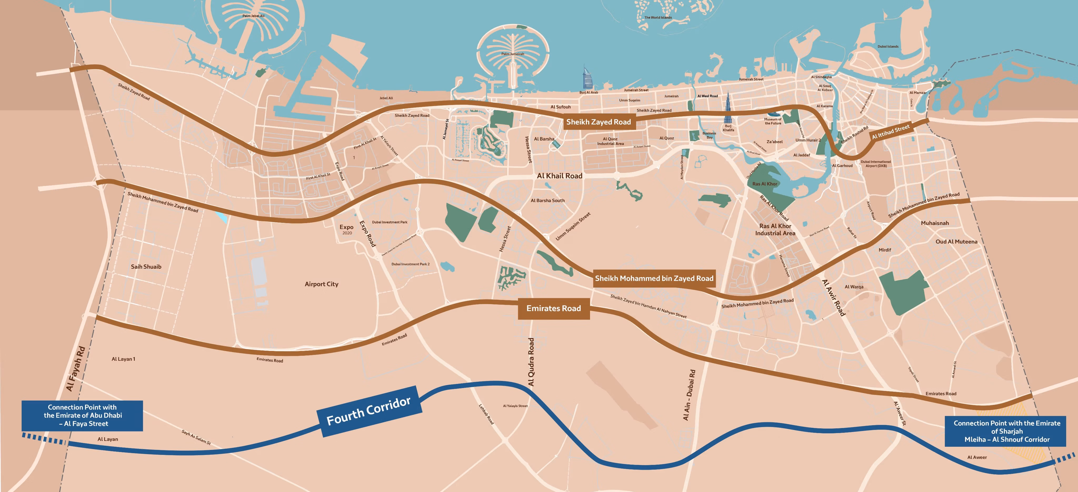 New Fourth Corridor route map linking Abu Dhabi, Dubai and Sharjah