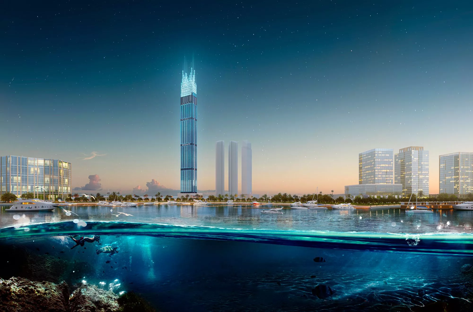 view of burj binghatti from the sea from far away