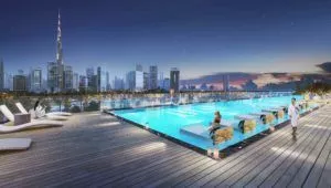 burj binghatti outdoor pool with view of burj khalifa