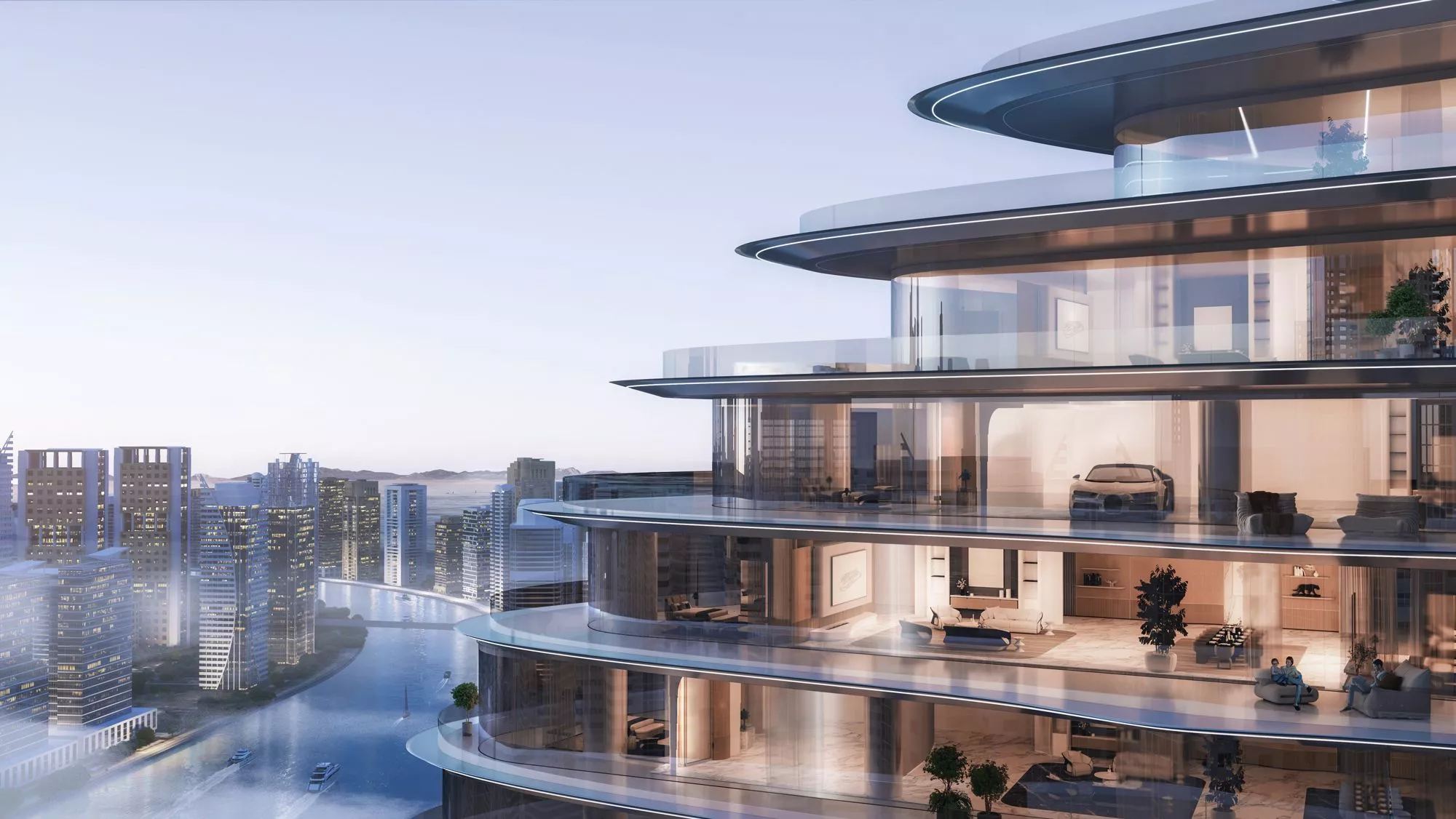 bugatti residences view of penthouse balconies with bugatti veyron and view of dubai canal