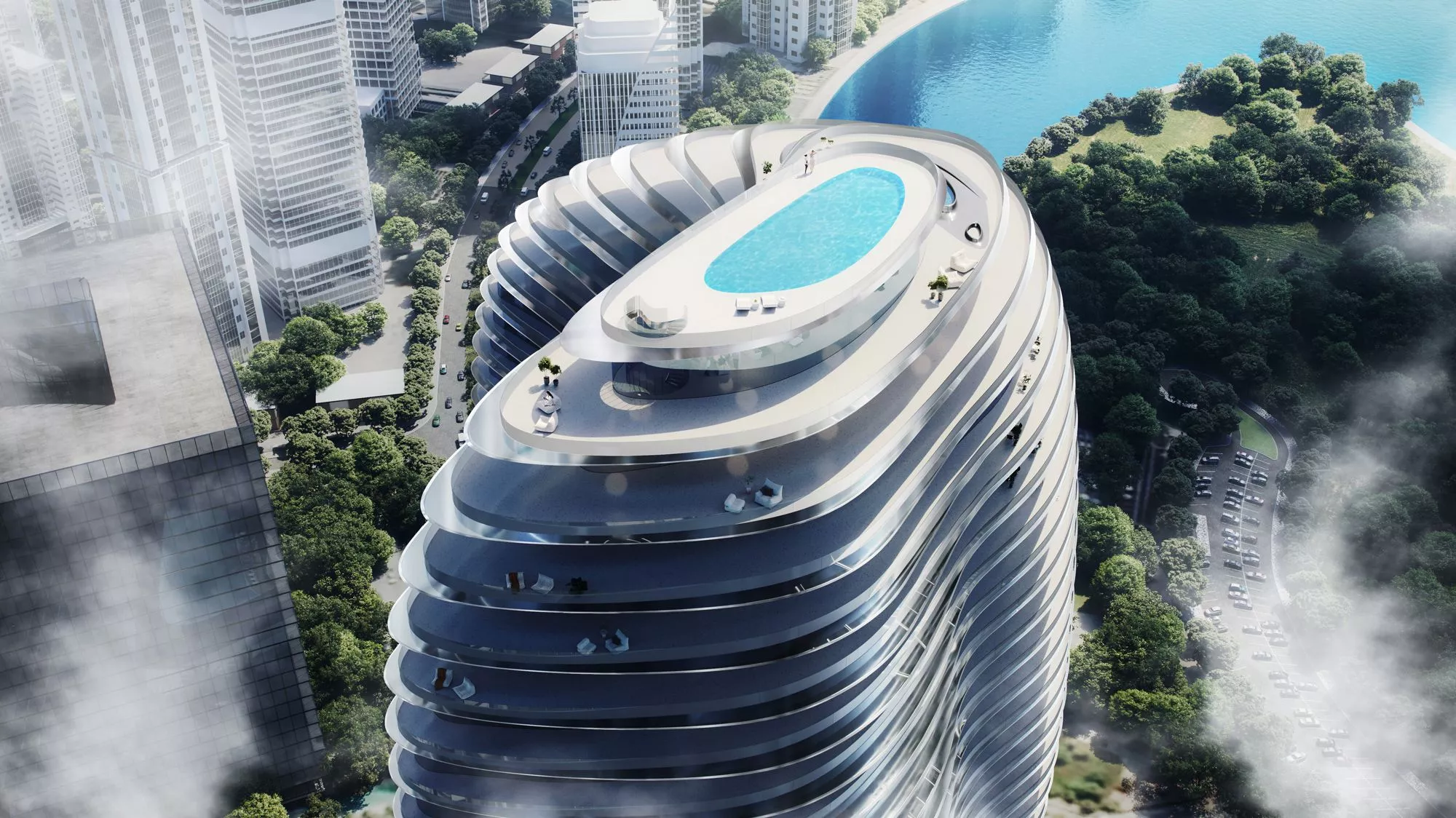 bugatti residences view from top of building showing penthouse swimming pool