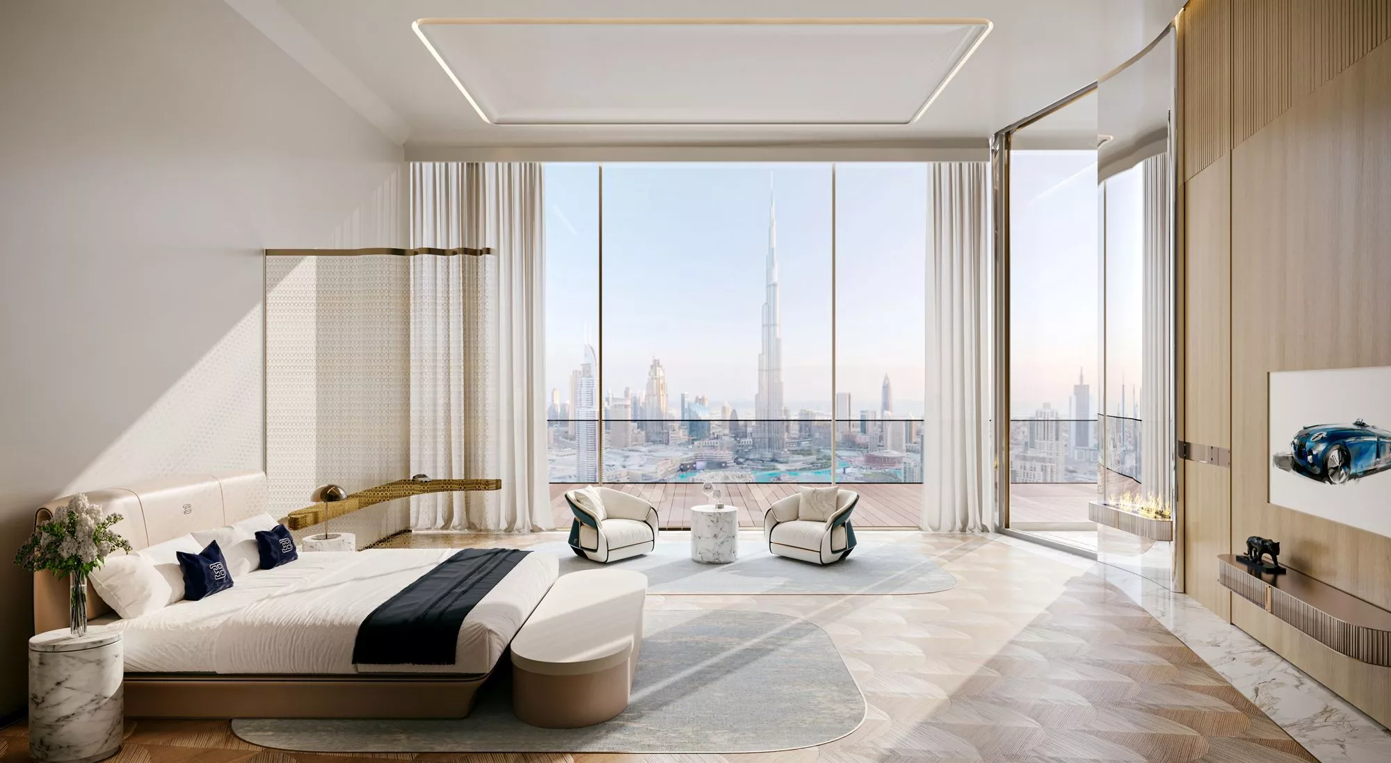 bugatti residences bedroom interior with view of burj khalifa