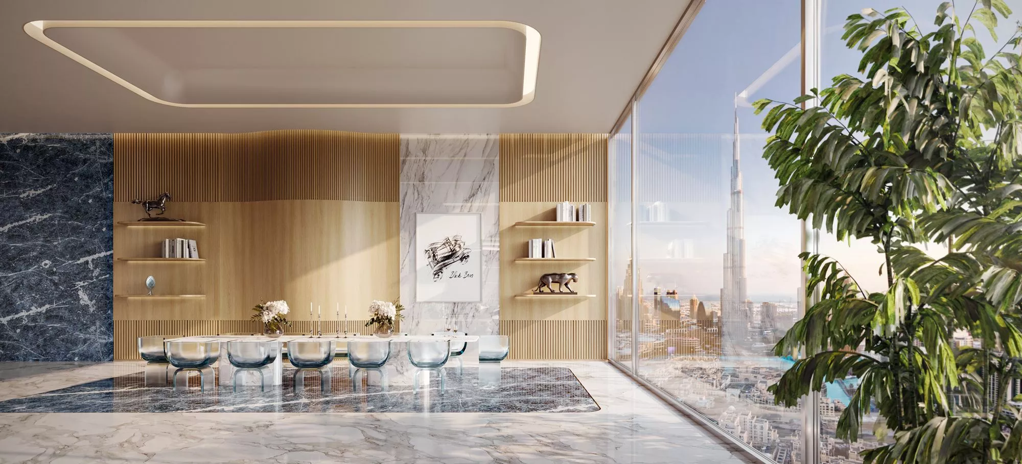 bugatti residences dining room interior with view of burj khalifa