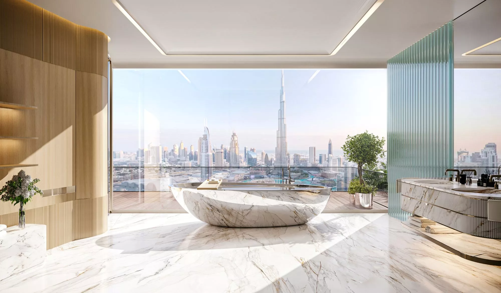 bugatti residences bathroom interior with bathtub view of burj khalifa
